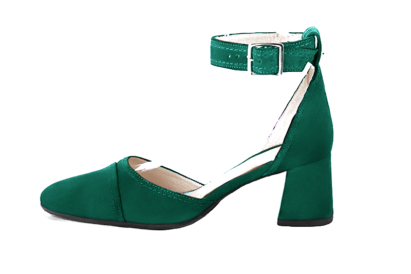 Emerald green women's open side shoes, with a strap around the ankle. Round toe. Medium flare heels. Profile view - Florence KOOIJMAN